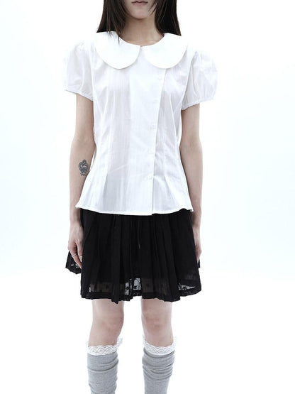 ang project White Doll Collar Slanted Buttons Cinched Waist Women&