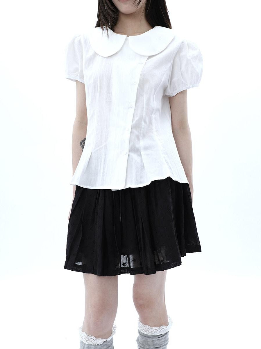 ang project White Doll Collar Slanted Buttons Cinched Waist Women&