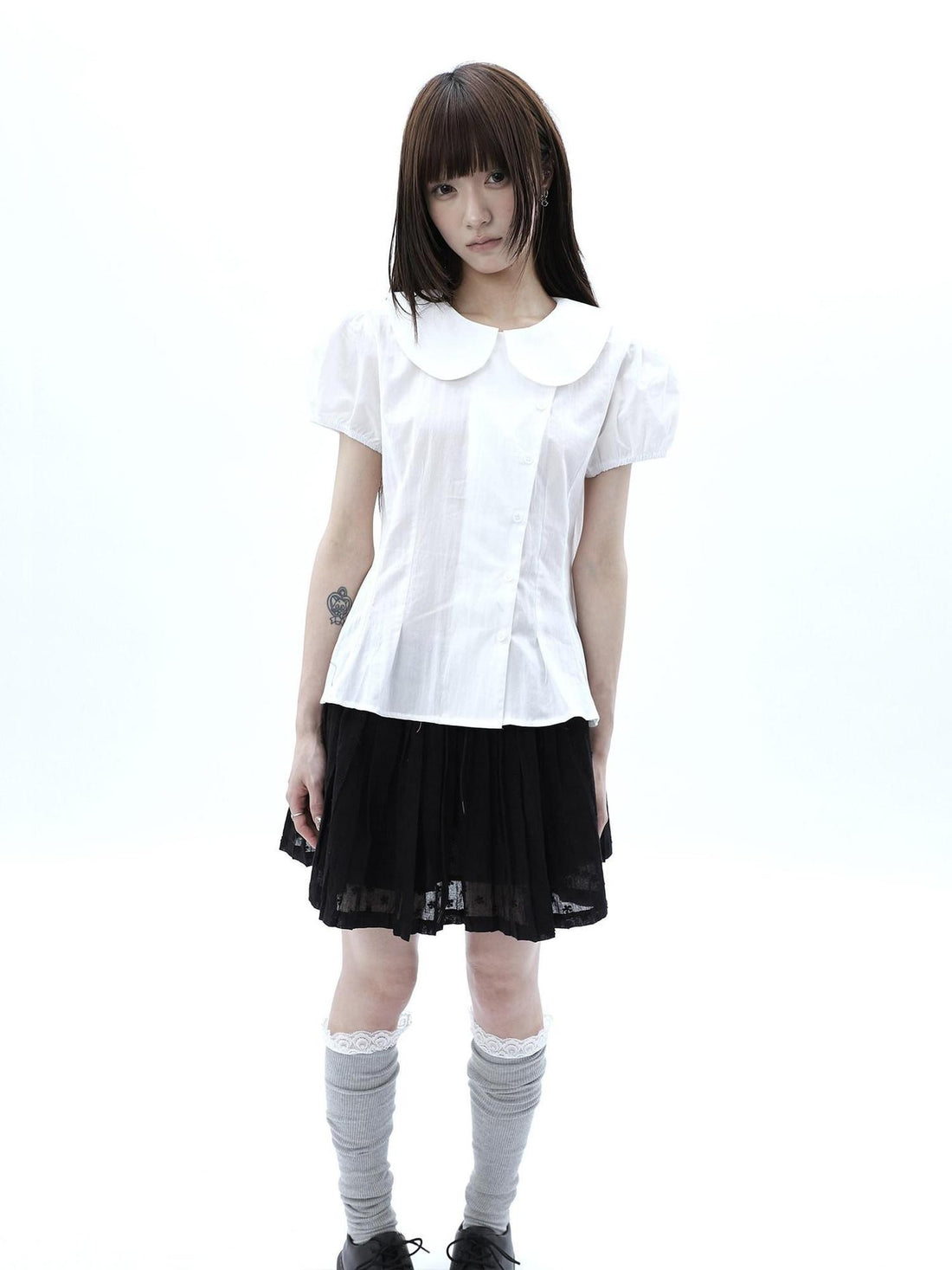 ang project White Doll Collar Slanted Buttons Cinched Waist Women&