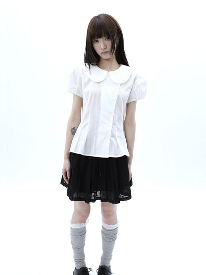 ang project White Doll Collar Slanted Buttons Cinched Waist Women&