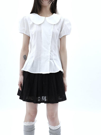 ang project White Doll Collar Slanted Buttons Cinched Waist Women&