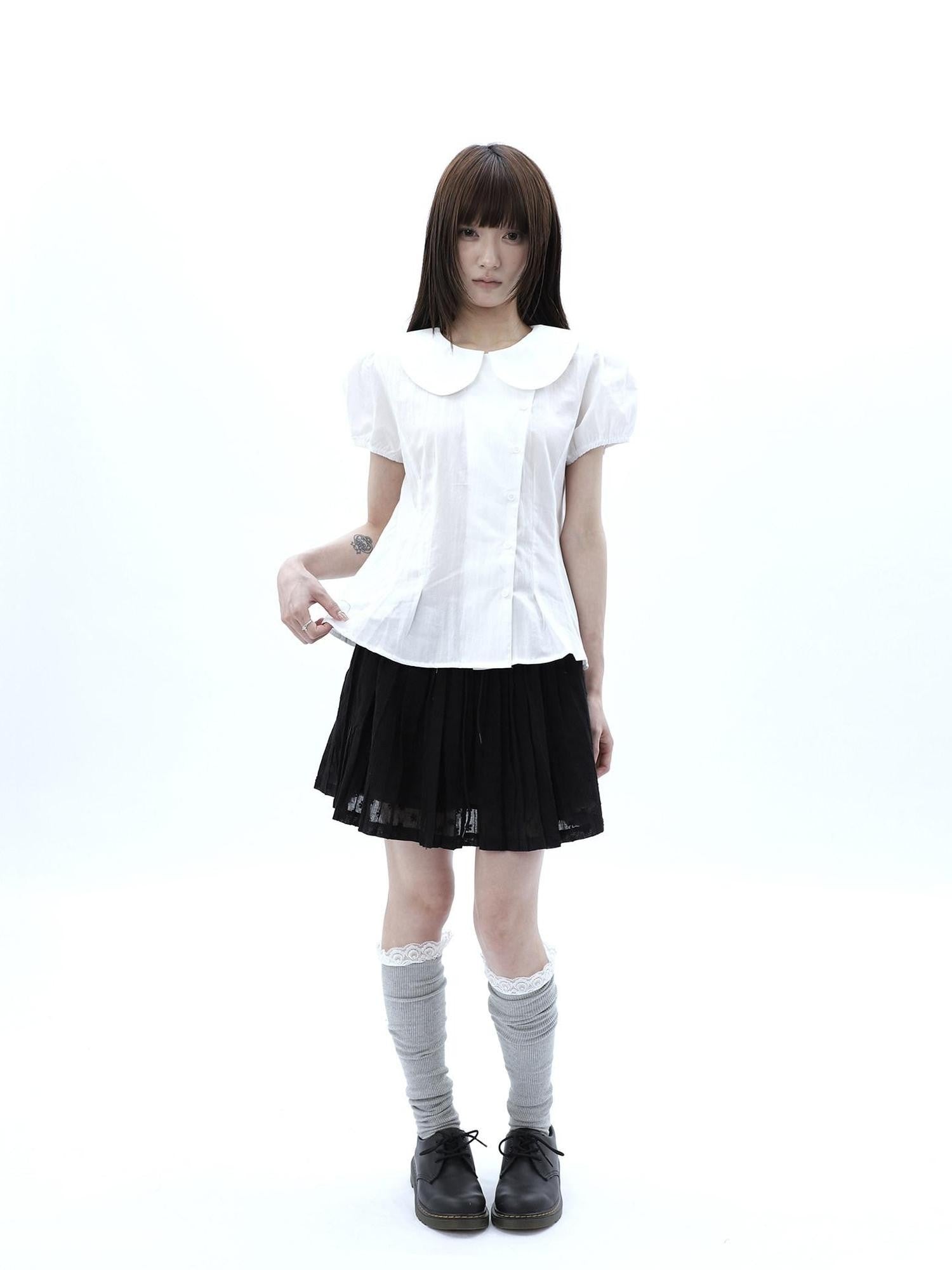 ang project White Doll Collar Slanted Buttons Cinched Waist Women&