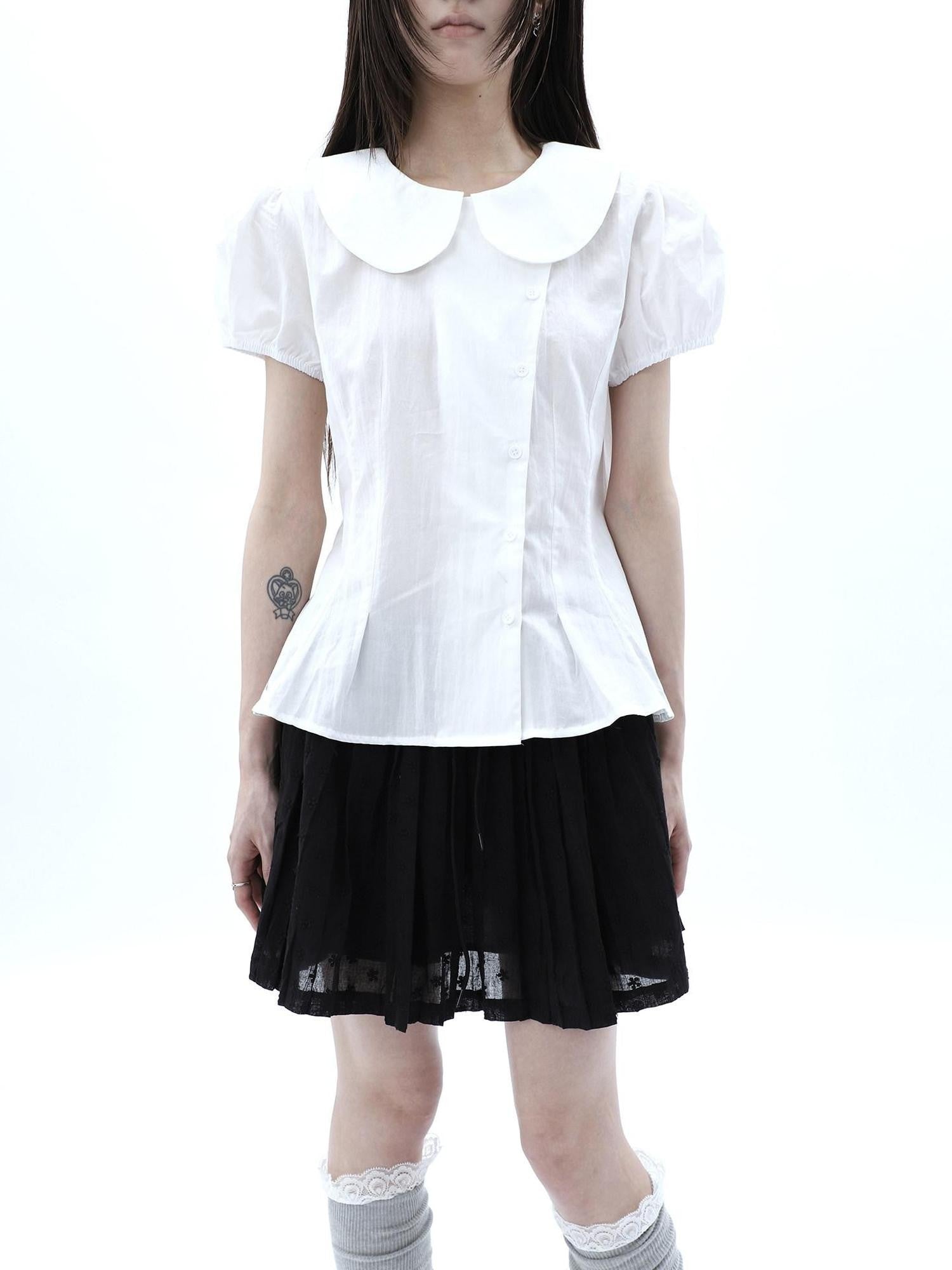 ang project White Doll Collar Slanted Buttons Cinched Waist Women&