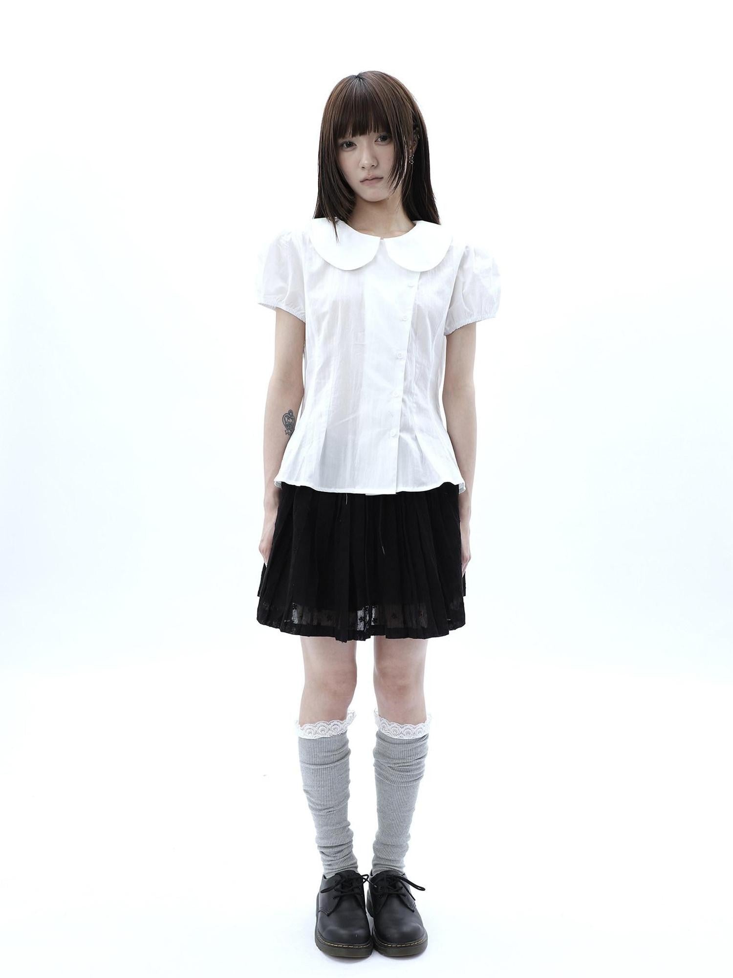 ang project White Doll Collar Slanted Buttons Cinched Waist Women&