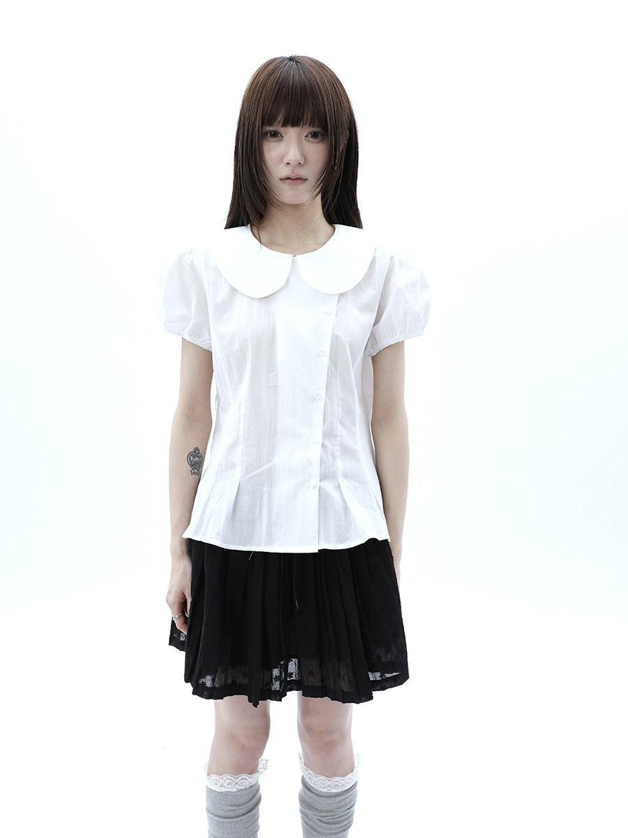 ang project White Doll Collar Slanted Buttons Cinched Waist Women&