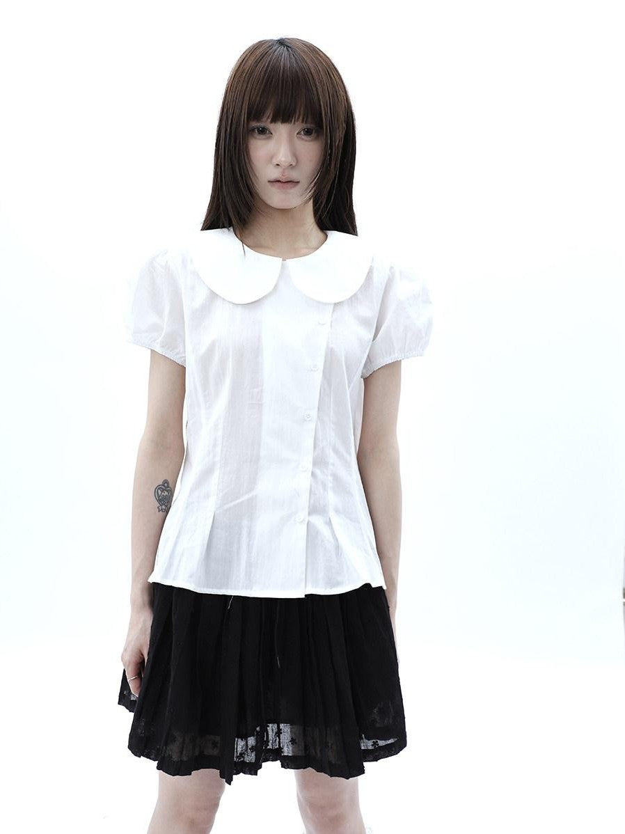 ang project White Doll Collar Slanted Buttons Cinched Waist Women&