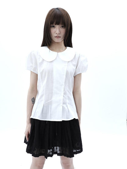 ang project White Doll Collar Slanted Buttons Cinched Waist Women&