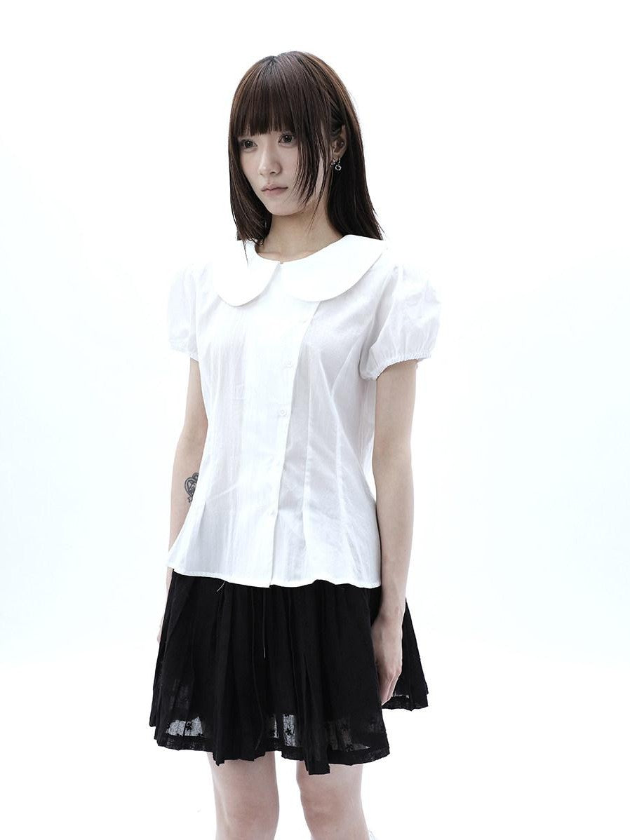 ang project White Doll Collar Slanted Buttons Cinched Waist Women&