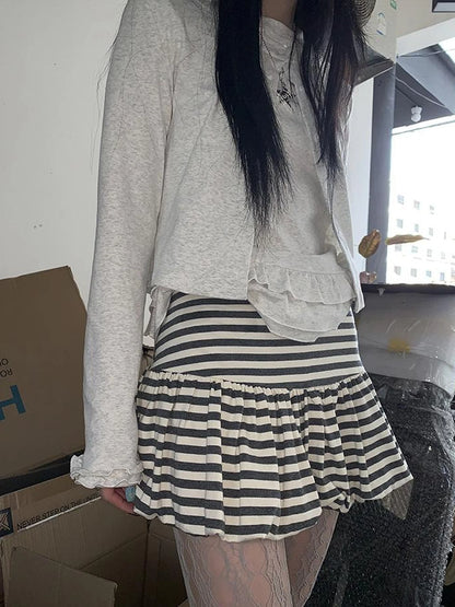 White Gray Striped Low Waist Fluffy Pleated Mini Skirt