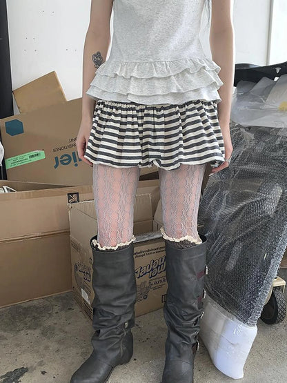 White Gray Striped Low Waist Fluffy Pleated Mini Skirt