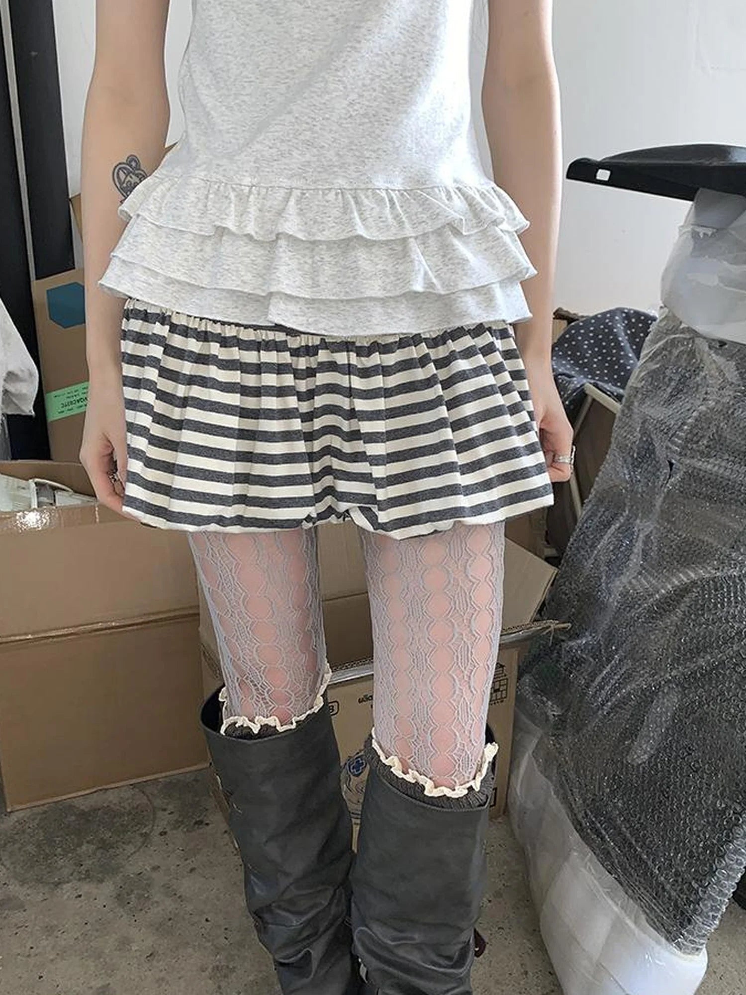 White Gray Striped Low Waist Fluffy Pleated Mini Skirt