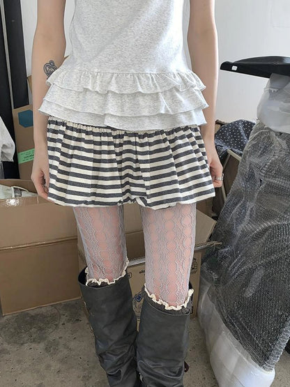 White Gray Striped Low Waist Fluffy Pleated Mini Skirt