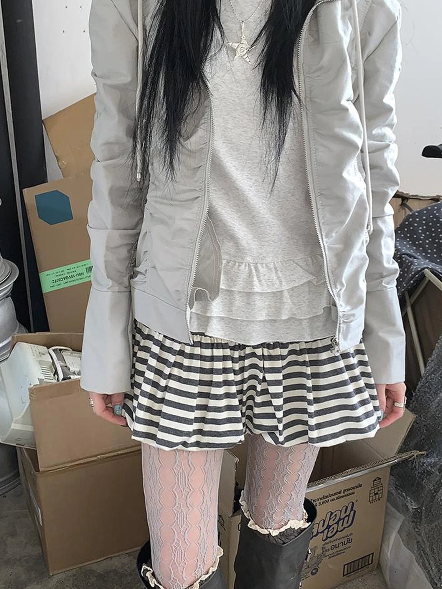 White Gray Striped Low Waist Fluffy Pleated Mini Skirt