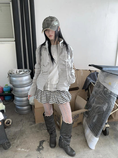 White Gray Striped Low Waist Fluffy Pleated Mini Skirt