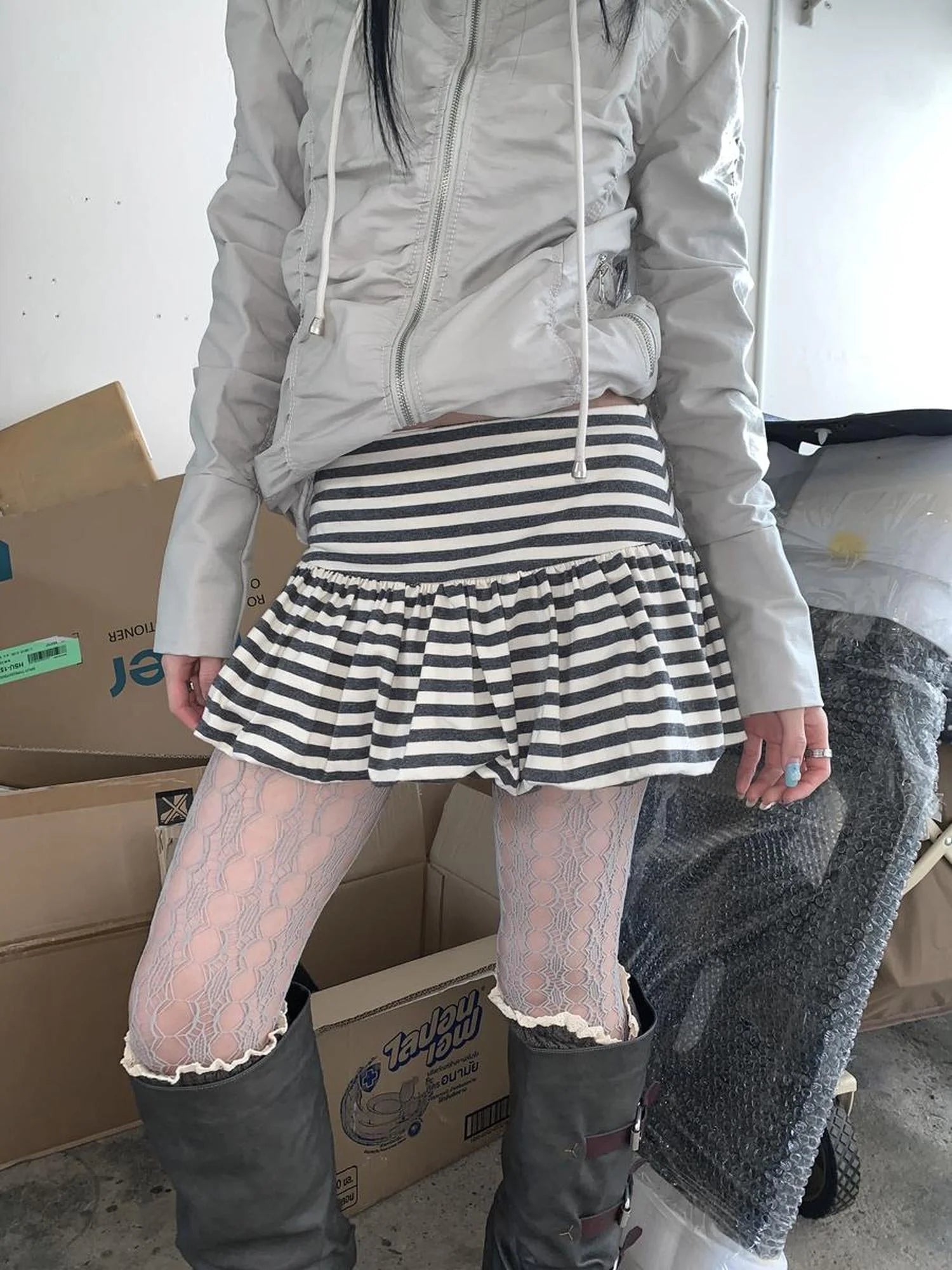 White Gray Striped Low Waist Fluffy Pleated Mini Skirt