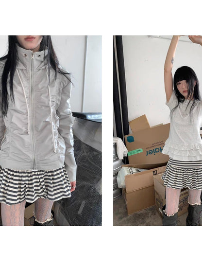 ang project White Gray Striped Low Waist Fluffy Pleated Mini Skirt
