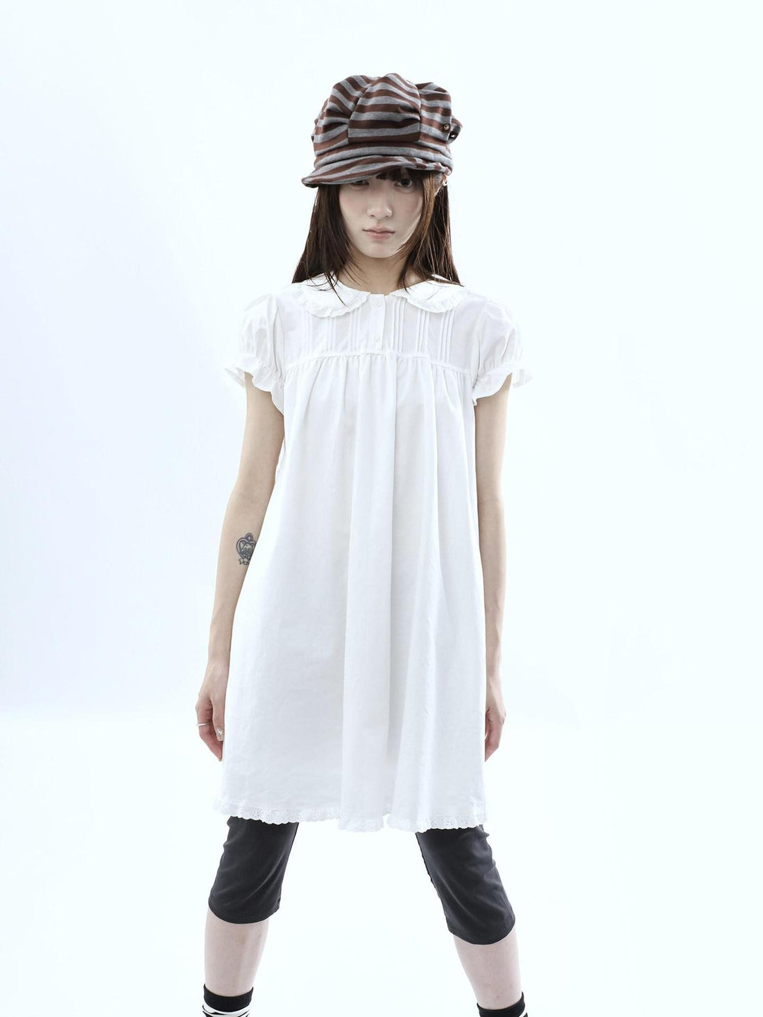 ang project White Pleated Shirt Short Sleeve Women&