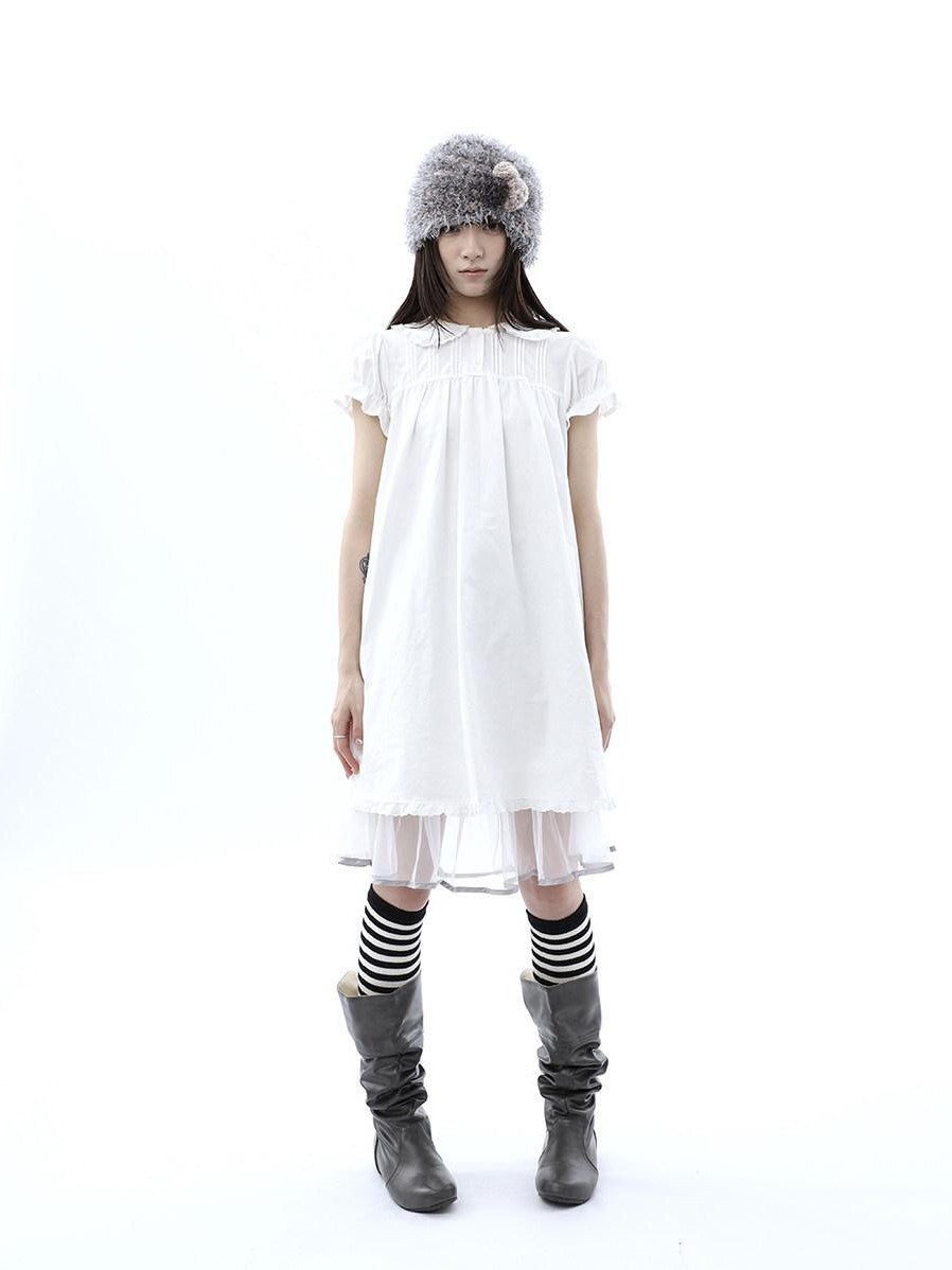 ang project White Pleated Shirt Short Sleeve Women&