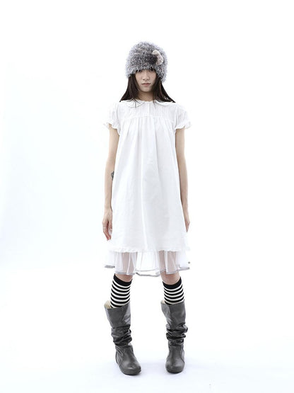 ang project White Pleated Shirt Short Sleeve Women&