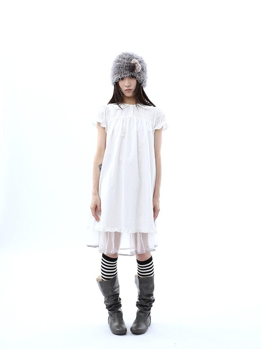 ang project White Pleated Shirt Short Sleeve Women&