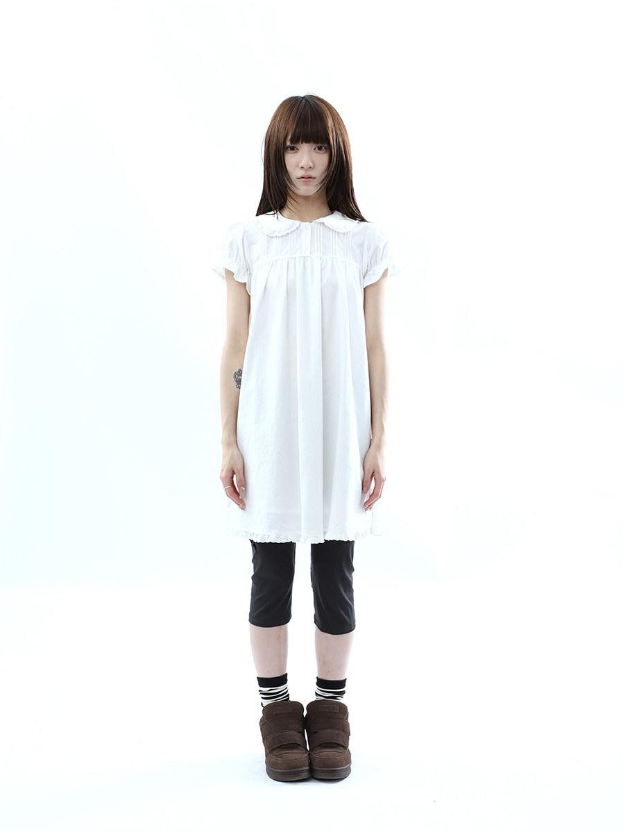 ang project White Pleated Shirt Short Sleeve Women&