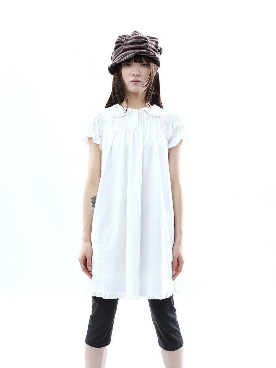 ang project White Pleated Shirt Short Sleeve Women&