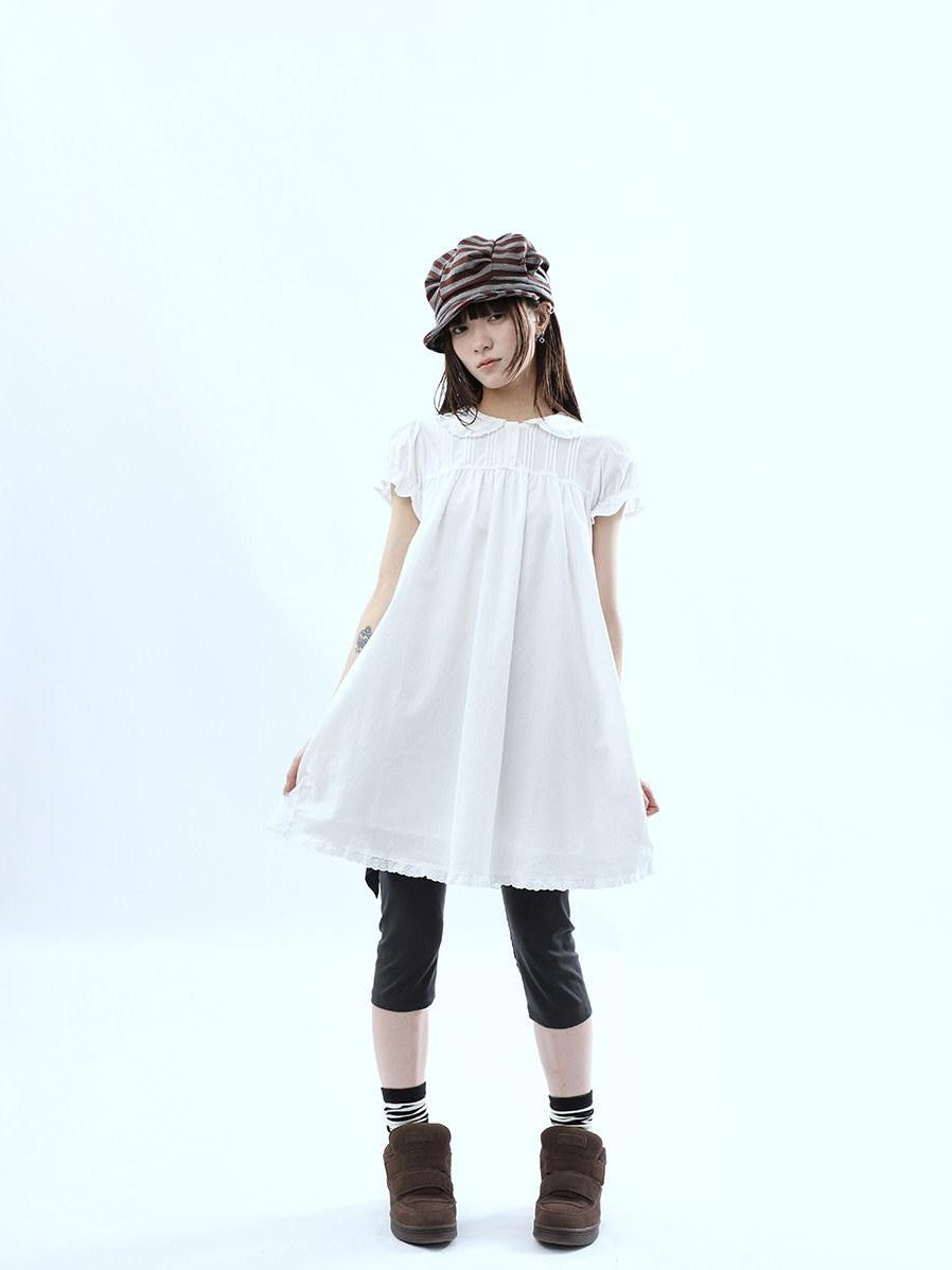 ang project White Pleated Shirt Short Sleeve Women&