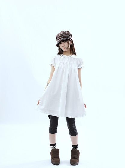 ang project White Pleated Shirt Short Sleeve Women&