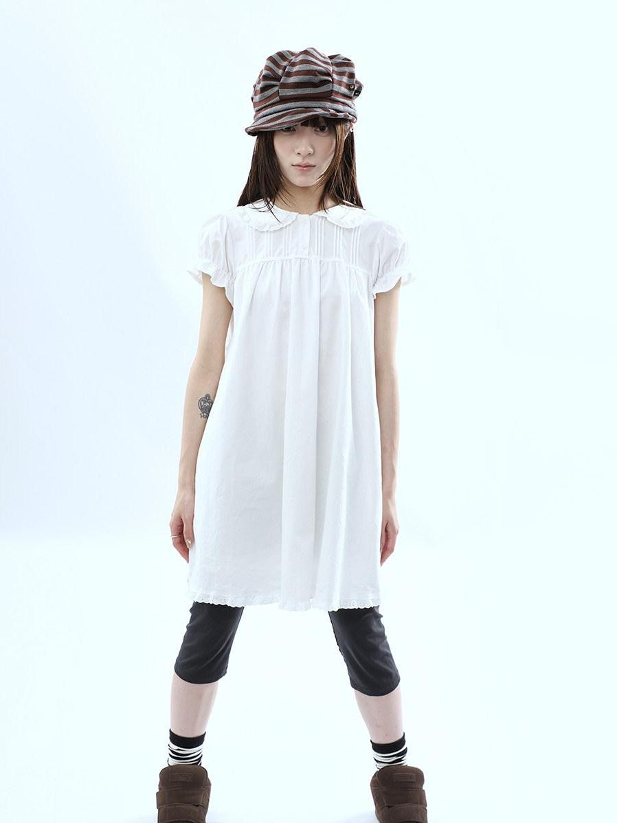 ang project White Pleated Shirt Short Sleeve Women&