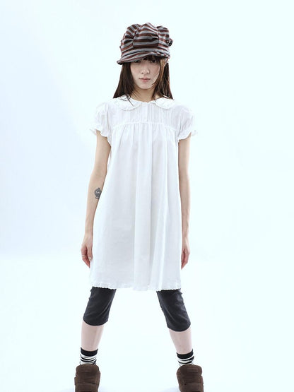 ang project White Pleated Shirt Short Sleeve Women&