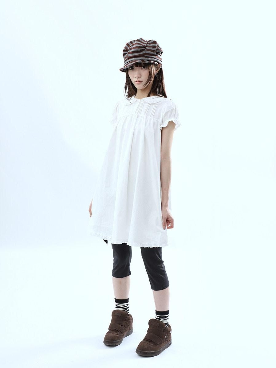 ang project White Pleated Shirt Short Sleeve Women&