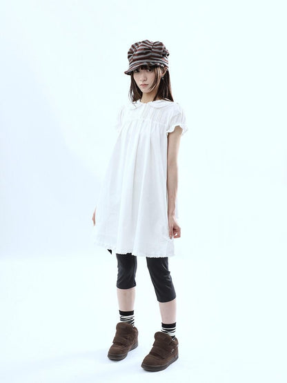 ang project White Pleated Shirt Short Sleeve Women&