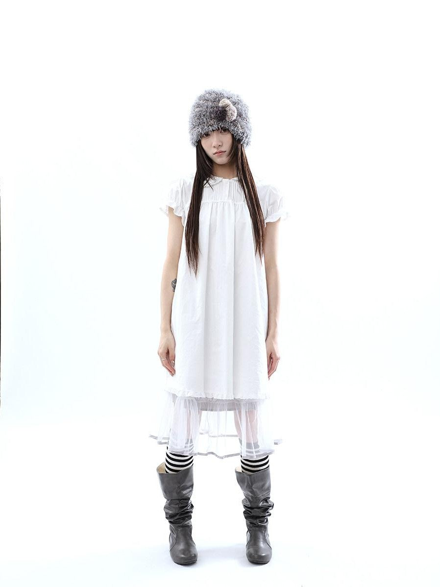 ang project White Pleated Shirt Short Sleeve Women&