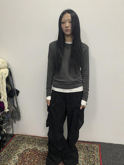 Updateang project Women Basic Solid Color Stretch Round Neck Long Sleeve T Shirt