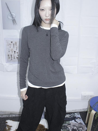 Updateang project Women Basic Solid Color Stretch Round Neck Long Sleeve T Shirt