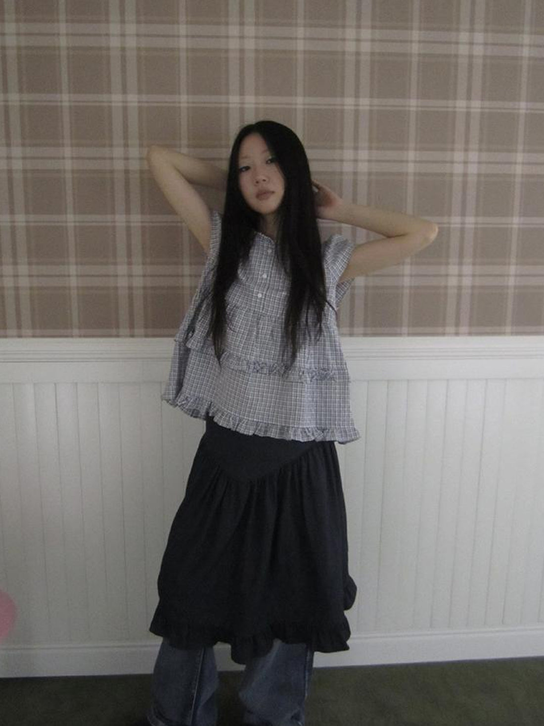 ang project Women Summer Gingham Ruffle Trim Short Sleeve Shirt