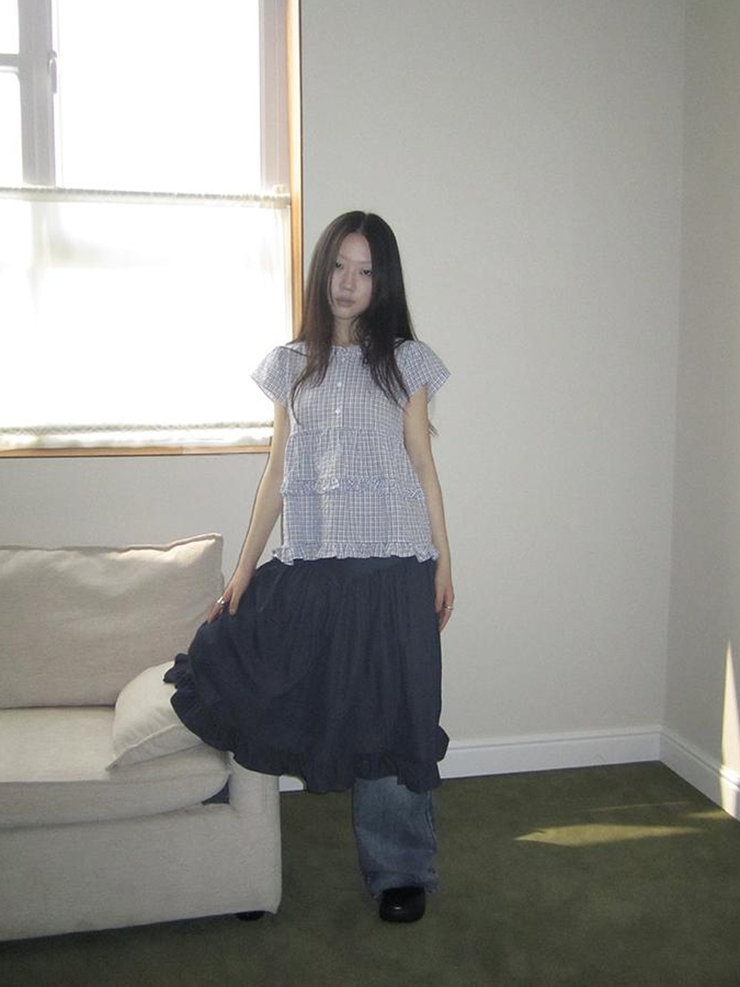 ang project Women Summer Gingham Ruffle Trim Short Sleeve Shirt