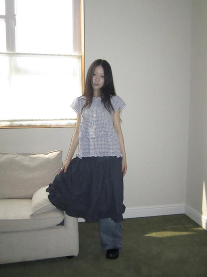 ang project Women Summer Gingham Ruffle Trim Short Sleeve Shirt