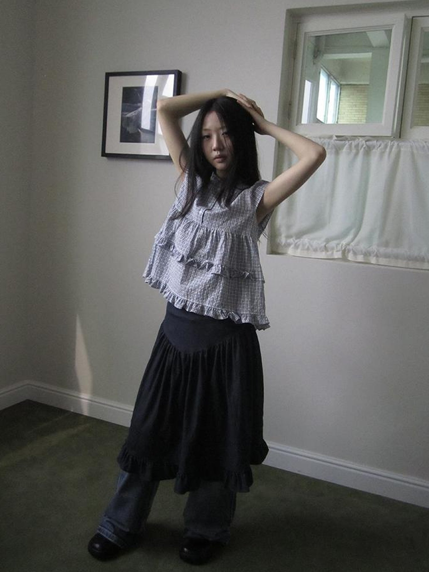 ang project Women Summer Gingham Ruffle Trim Short Sleeve Shirt
