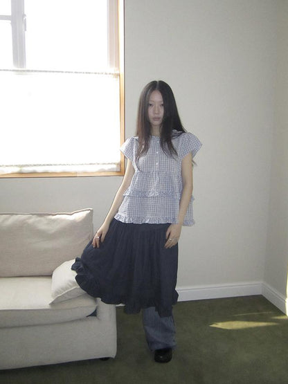 ang project Women Summer Gingham Ruffle Trim Short Sleeve Shirt