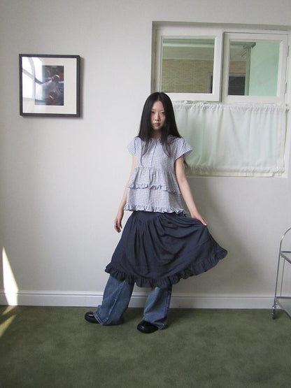 ang project Women Summer Gingham Ruffle Trim Short Sleeve Shirt