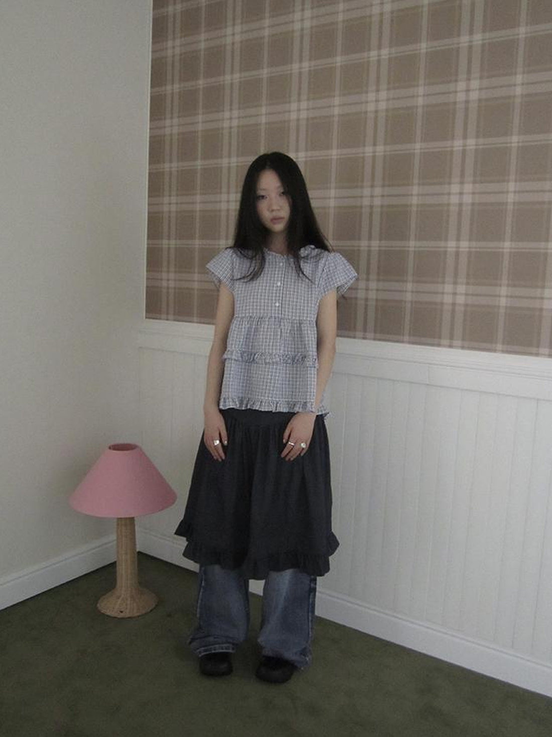 ang project Women Summer Gingham Ruffle Trim Short Sleeve Shirt