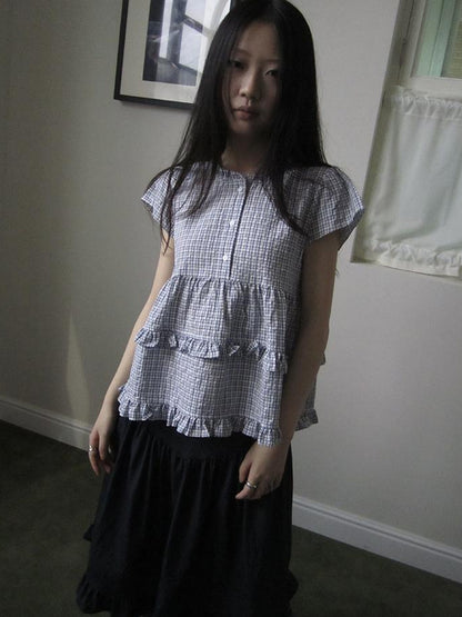 ang project Women Summer Gingham Ruffle Trim Short Sleeve Shirt