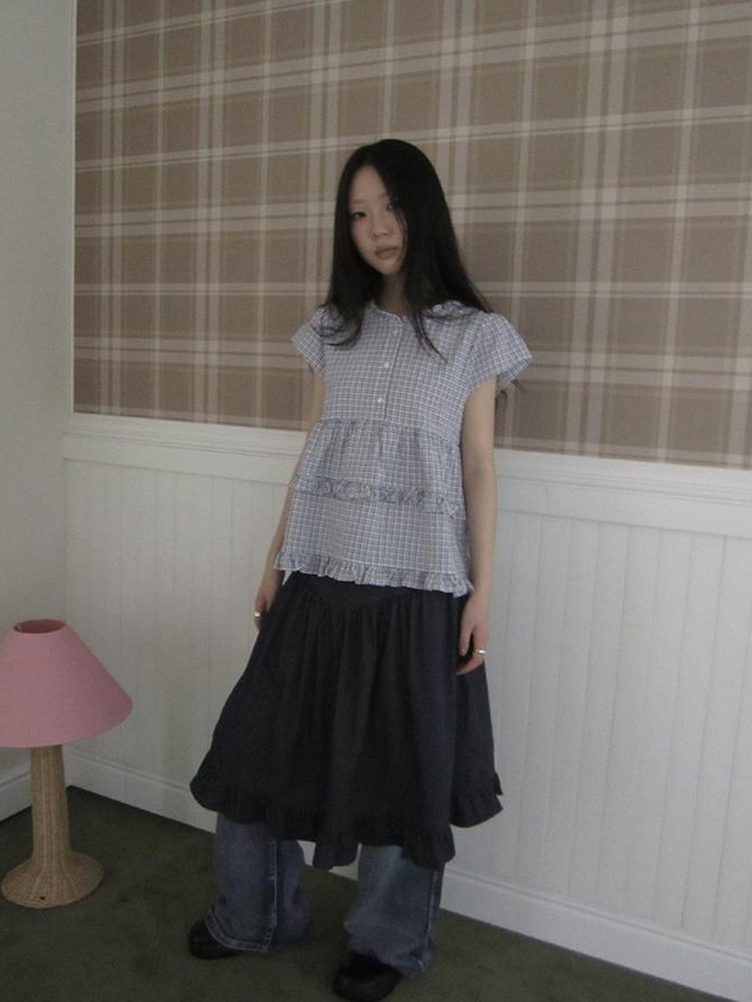 ang project Women Summer Gingham Ruffle Trim Short Sleeve Shirt