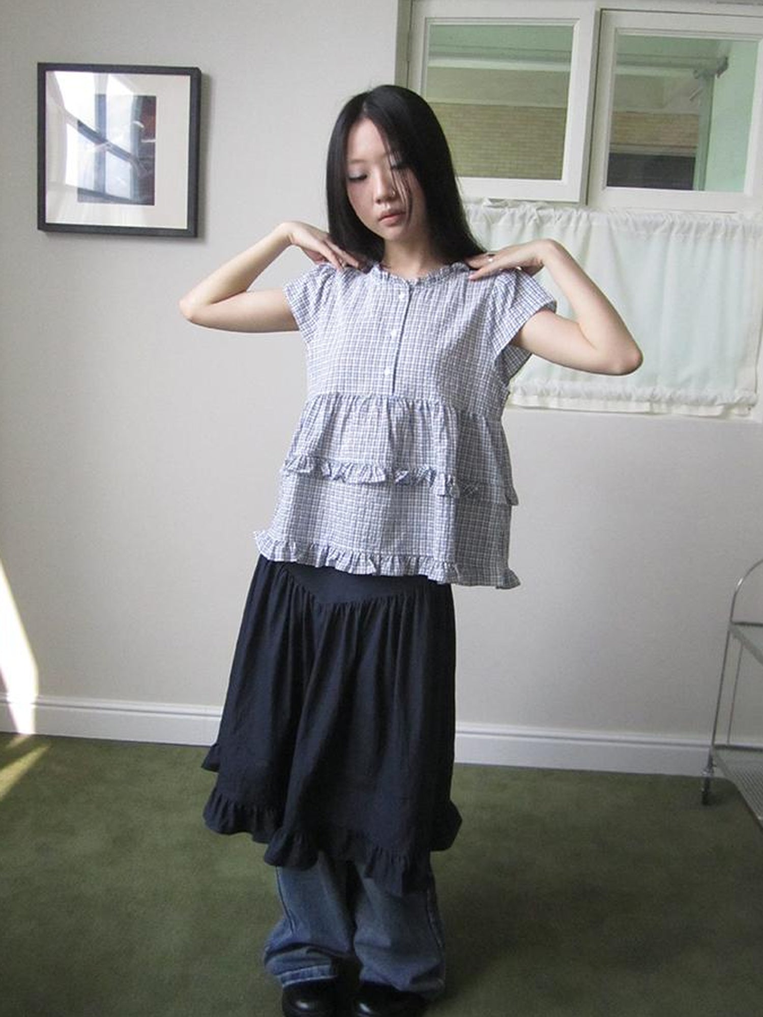 ang project Women Summer Gingham Ruffle Trim Short Sleeve Shirt