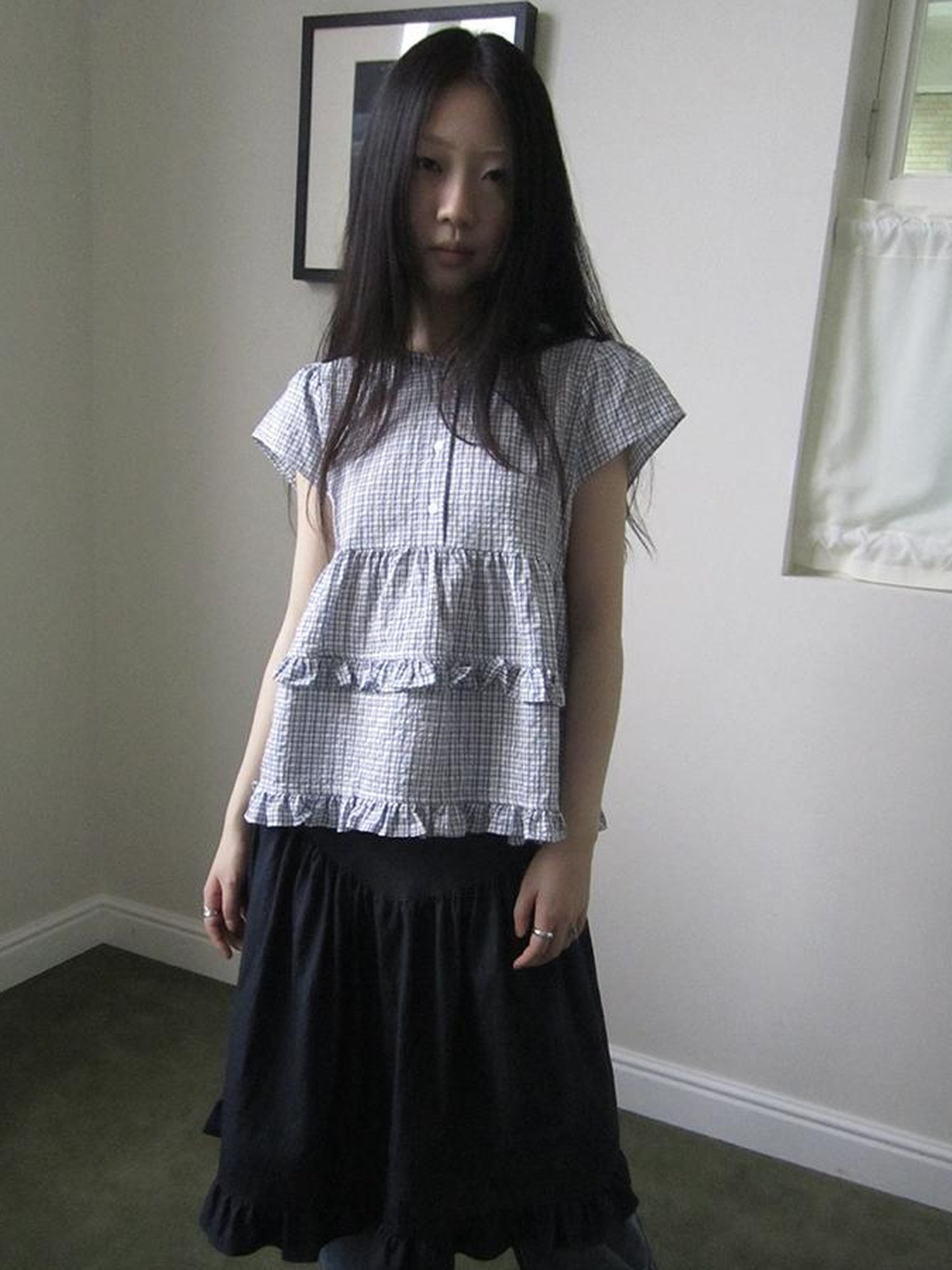 ang project Women Summer Gingham Ruffle Trim Short Sleeve Shirt