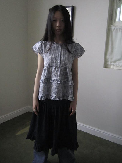 ang project Women Summer Gingham Ruffle Trim Short Sleeve Shirt