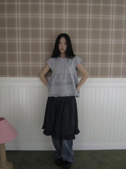 ang project Women Summer Gingham Ruffle Trim Short Sleeve Shirt