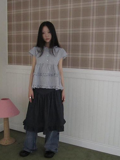 ang project Women Summer Gingham Ruffle Trim Short Sleeve Shirt