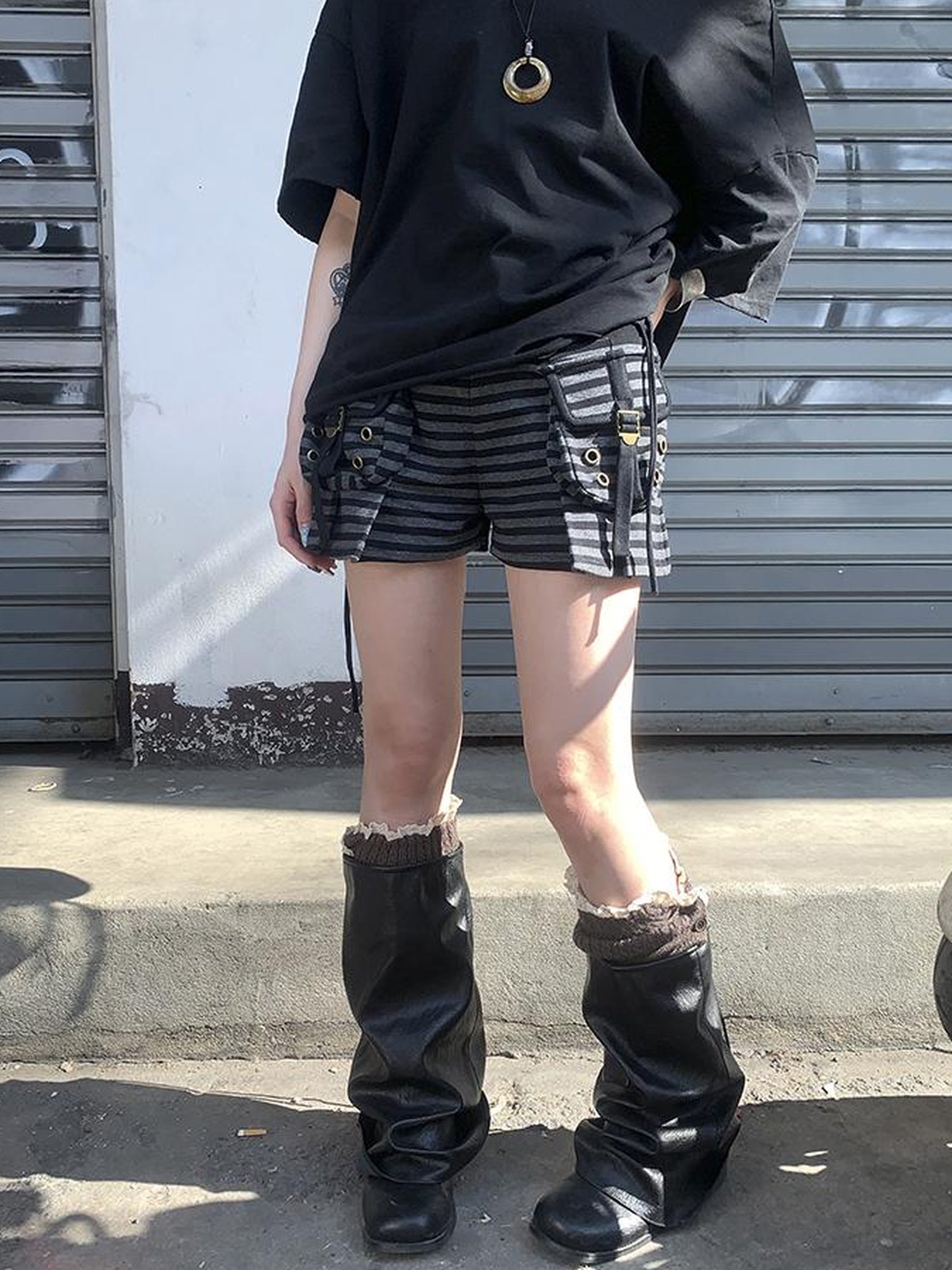 ang project Y2K Low Waist Flap Pocket Pleated Trousers In Black Gray Stripe